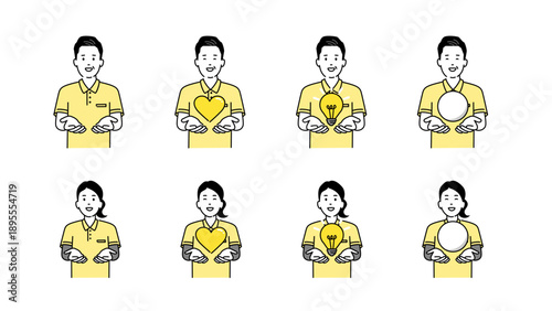 両手でモチーフを支える男女の人物イラストセット ハート 電球 円 シンプル ベクター