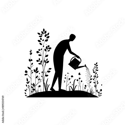 Person walking and watering plants in a garden scene vector illustration