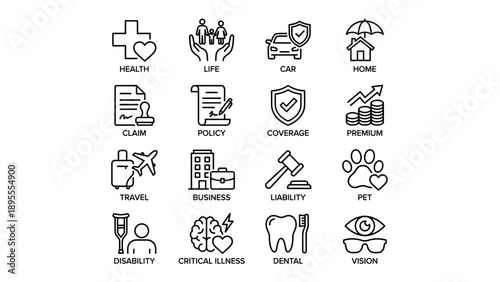 Set of 16 insurance line icons including health, life, car, home, claim, policy, coverage, premium, travel, business, liability, pet, disability, critical illness, dental, and vision symbols.