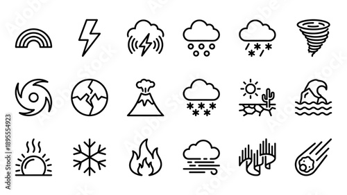 Set of 18 Natural Disaster and Weather Phenomena Line Icons Featuring Rainbow, Lightning, Tornado, Hurricane, Earthquake, Volcano, Snow, Drought, Tsunami, Heatwave, Fire, Fog, and Northern Lights.