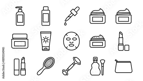 Comprehensive Set of 15 Minimalist Beauty and Skincare Line Icons Featuring Cosmetic Products Including Serum Dropper, Face Cream Jars, Sunscreen Tube, Sheet Mask, Lipstick, Hairbrush, and Face