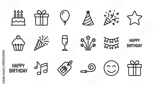 Set of 18 Minimalist Birthday Party and Celebration Line Icons Featuring Cake, Gift Box, Balloon, Party Hat, Confetti, Star, Cupcake, Champagne, Fireworks, Bunting, Music Notes, and Smiley Face
