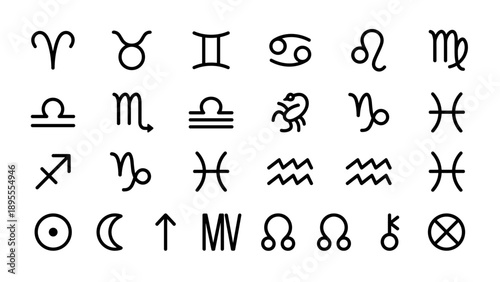 Minimalist Astrology and Zodiac Sign Line Icons Set Featuring Aries, Taurus, Gemini, Cancer, Leo, Virgo, Libra, Scorpio, Sagittarius, Capricorn, Aquarius, Pisces, Sun, Moon, and Celestial Symbols.