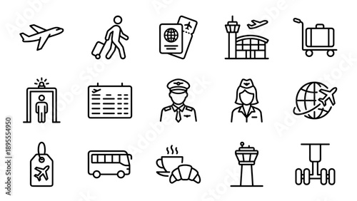 Set of 15 Airport and Flight Travel Line Icons Featuring Airplane, Passport, Pilot, Flight Attendant, Terminal, Luggage, and Security. Minimalist Vector Graphics with Uniform Stroke Width.