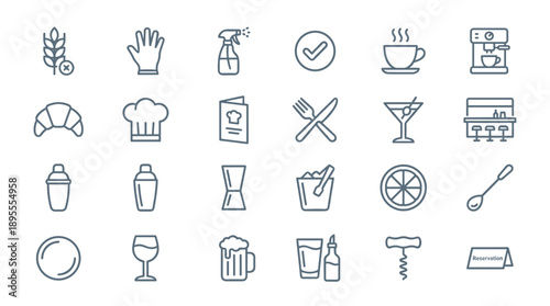 Collection of 24 Minimalist Food and Hospitality Line Icons Including Cocktail Bar Tools, Restaurant Service Symbols, Kitchen Utensils, Drinks, and Dining Signs for Web Design and Menu Branding.