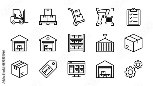 Set of 15 Warehouse and Inventory Management Line Icons Featuring Forklift, Pallet, Hand Truck, Barcode Scanner, Checklist, Storage Shelves, Shipping Container, RFID Tag, and Logistics Symbols.