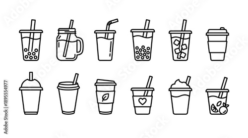 Minimalist Black and White Line Art Icon Set Featuring Bubble Tea with Boba Pearls, Iced Coffee with Cubes, Smoothies, Milkshakes, and Takeaway Cups in a Clean Grid Layout for Menus and Design.
