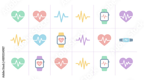 Vector Icon Set of Heart Rate Monitor Pulse Icons in Flat Design with Pastel Color Palette. Collection of Smartwatch and Fitness Tracker Symbols for Health, Medical, and Wellness Apps and UI.