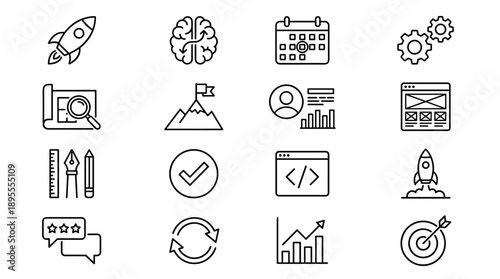 Modern Professional Vector Thin Line Icon Set for Project Management, UI/UX Design, Software Development, and Business Strategy. Features Rocket Launch, Brainstorming, Calendar, Planning, and Growth