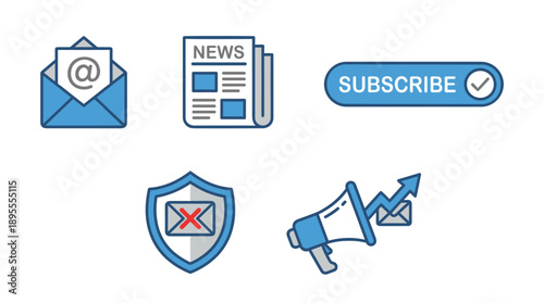 Email Marketing Vector Icon Set Featuring Newsletter Envelope, Newspaper, Subscribe Button, Spam Filter Security Shield, and Megaphone with Growth Arrow for Digital Business Communication.