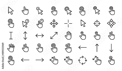 Cursor and hand click icon set featuring pointers, tapping gestures, click effects, mouse arrows, touch actions, and interactive UI symbols
