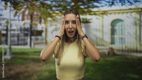 Hispanic woman in yellow crop top raises hands palms up showing midriff and navel in a green park by a white building; uncertainty questioning openness.