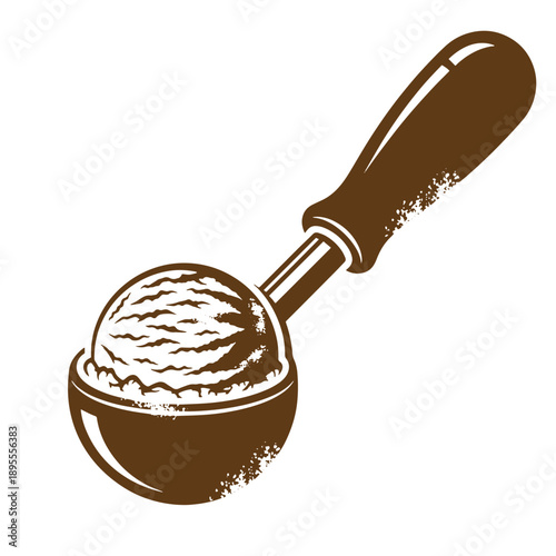 Vintage Grunge texture ice cream scoop with handle and a scoop of ice cream in it on white background