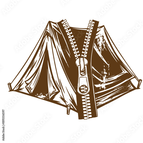 Vintage Grunge texture illustration of a maroon camping tent with a giant zipper on the front  symbolizing adventure and the outdoors