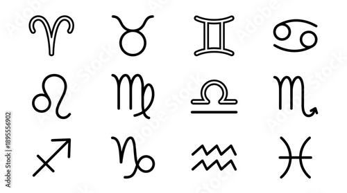 Set of 12 Minimalist Zodiac Signs and Horoscope Symbols. Black Outline Astrology Icons featuring Aries, Taurus, Gemini, Cancer, Leo, Virgo, Libra, Scorpio, Sagittarius, Capricorn, Aquarius, and
