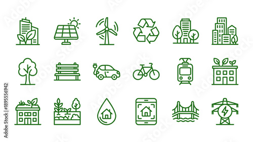 Vector Set of Green City and Sustainable Architecture Line Icons featuring Renewable Energy, Solar Panels, Wind Turbines, Recycling, Electric Vehicles, Eco-Friendly Buildings, and Smart Technology.