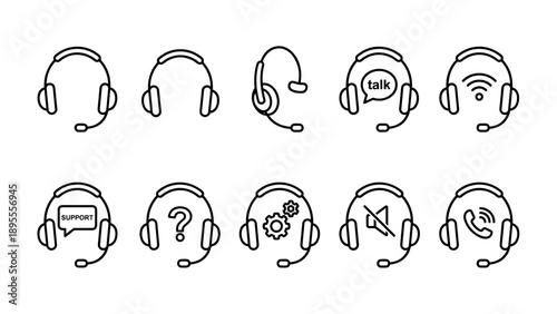 Professional Set of Customer Support Headset Line Icons in Minimalist Style. Features Symbols for Call Center, Technical Help Desk, Online Communication, Wireless Support, and Service Assistance.