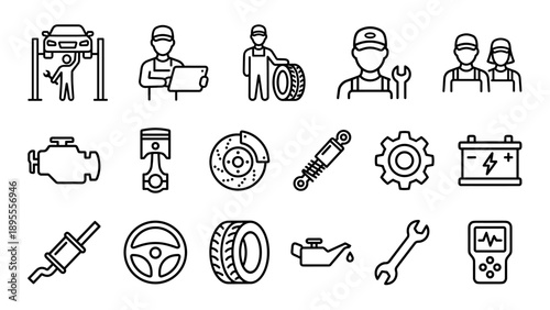 Vector Set of Car Mechanic and Auto Repair Line Icons Featuring Engine, Tire, Battery, Brake, Steering Wheel, and Professional Mechanics for Garage Maintenance and Vehicle Service Illustration