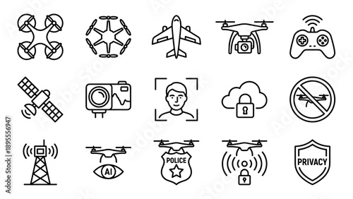 Vector set of drone technology and surveillance line icons featuring quadcopters, remote controls, satellites, facial recognition, cloud security, AI monitoring, and privacy protection symbols.