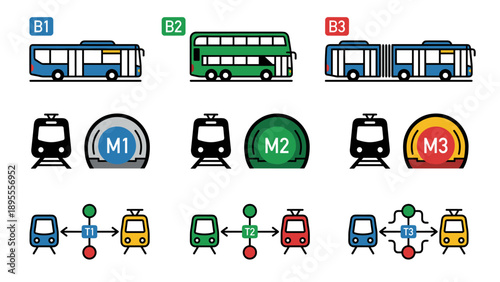 Vector Set of Public Transport Icons Featuring Buses, Metro Lines, and Tram Connections in a Minimalist Flat Style. Includes Double-Decker, Articulated Bus, Subway, and Transit Map Symbols on White.