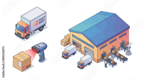 Isometric Logistics and Delivery Vector Illustration Set Featuring a Fast Ship Truck, Barcode Scanner Scanning a Cardboard Box, and a Large Warehouse Hub with Conveyor Belts and Robotic Arms.