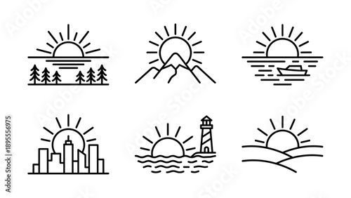 Minimalist line art icon set of sunrises and sunsets over diverse landscapes including mountain peaks, pine forests, urban city skylines, sea with boats, coastal lighthouses, and rolling hills.