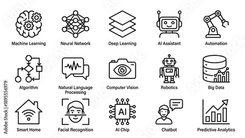Set of 15 Artificial Intelligence and Machine Learning Line Icons Featuring Neural Networks, Deep Learning, AI Assistant, Automation, Robotics, Big Data, Smart Home, and Facial Recognition