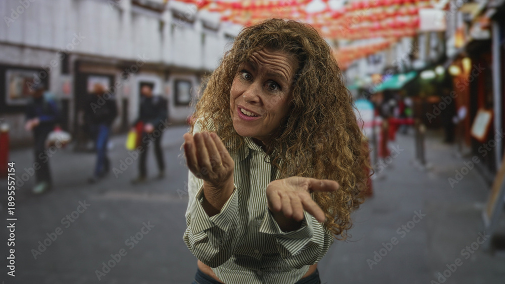 Fototapeta premium Middle aged woman showing open palms in a beckoning gesture on a crowded urban street market with hanging lanterns, blurred pedestrians and storefronts; playful invitation.