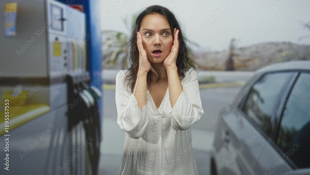 Fototapeta premium Woman pressing hands to cheeks in shock beside car at gas station street near fuel pump and car door; surprise realization.