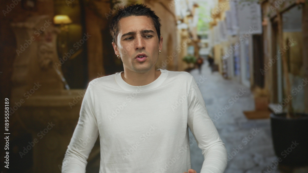 Obraz premium Young hispanic man wearing white shirt stands in a charming old town alley outdoors showcasing street life and culture.