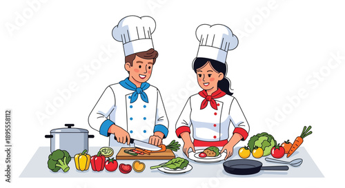 Two chefs preparing a meal with fresh vegetables and ingredients