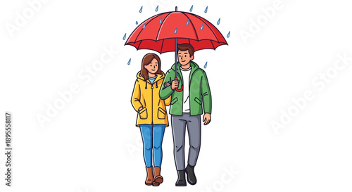 Couple sheltering from the rain with a bright red umbrella