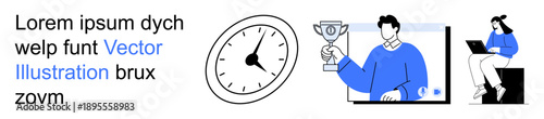 Time management, productivity, online achievement, efficiency, competition, learning. Illustration of a clock, trophy-wielding person on a video conference and a person working on a laptop. Time