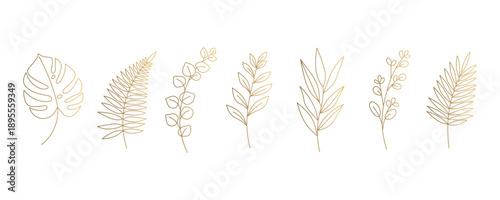 Gold botanical leaf set line art vector minimalist foliage bundle for wedding invitations and modern wall art.