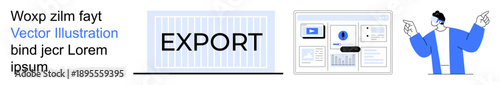 Data management, exporting data, workflow design, user interfaces, digital transformation, system analytics. Export text on a screen, workflow interface and user pointing. Data export and workflow