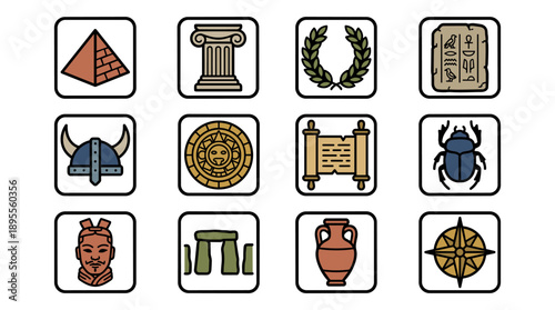 Set of 12 Ancient History and Archeology Vector Icons Featuring Egyptian Pyramid, Greek Column, Laurel Wreath, Hieroglyphs, Viking Helmet, Aztec Calendar, Scroll, Scarab, and Stonehenge Symbols.