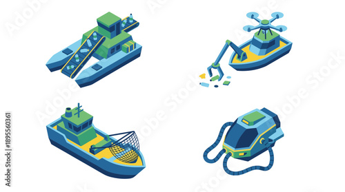 Isometric vector icon set of ocean plastic cleanup technology featuring specialized boats with conveyor belts, robotic arms, drones, nets, and suction devices for marine waste removal and ecology.