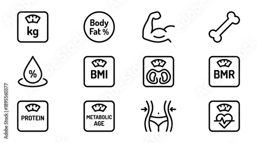 Set of 12 Minimalist Line Art Icons for Smart Scale Body Composition Metrics Including Weight, BMI, Body Fat Percentage, Muscle Mass, Bone Mass, Metabolic Age, BMR, Protein, Water, and Heart Rate