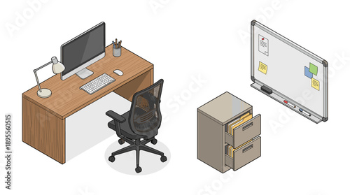 Isometric vector illustration of professional office furniture including a wooden desk with a computer, ergonomic mesh chair, filing cabinet with folders, and a whiteboard on white background.