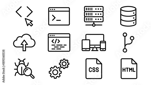 Set of 12 minimalist line icons for coding and web development featuring symbols for programming, database, cloud computing, debugging, CSS, HTML, responsive design, servers, and terminal interface.