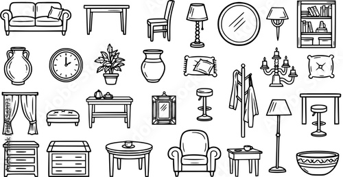 Black and White Line Art Icons of Furniture and Home Decor Objects