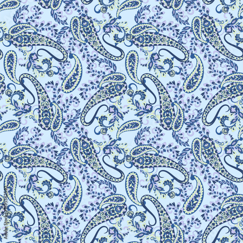 Floral seamless pattern with paisley ornament. Vector illustration in asian textile style