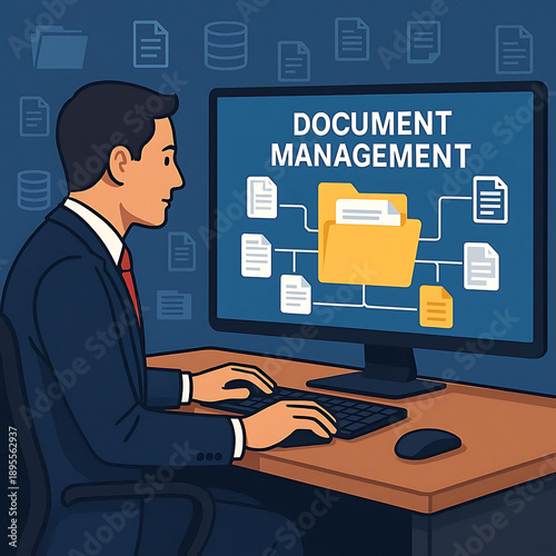 Businessman using a computer to document management concept, online documentation database and digital file storage system or software, records keeping, database technology, file access, doc sharing.