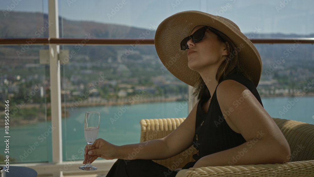 © Krakenimages.com - Woman wearing wide brim straw hat and sunglasses, seated in wicker chair sipping from wineglass on cruise terrace by glass railing building with sea view; vacation relaxation.