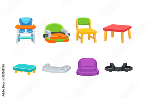 Toddler seating furniture in flat style: high chair, booster seat, dining chair, table, footrest, tray, seat cushion, safety strap