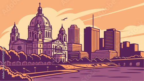 Minneapolis skyline with saint paul cathedral, a minnesota architectural gem, suitable for travel brochures, websites, and promotional materials.