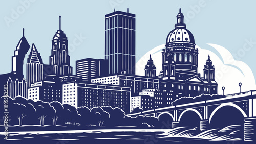 Minneapolis skyline featuring distant st. Paul, minnesota view and bridge. Suitable for city landscapes, travel destinations, midwest representations.