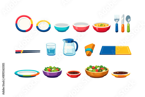 Balanced Meal Tableware flat style: dinner plate, side plate, bowl, soup bowl, fork, knife, spoon, chopsticks, glass tumbler, water jug, napkin, placemat