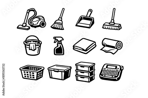 Holiday Preparation Cleaning and Organization in outline vector style: vacuum cleaner, broom, dustpan, mop, bucket, cleaning spray bottle, microfiber cloth