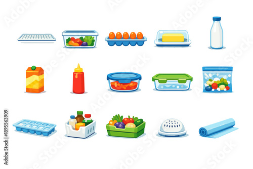 Refrigerator food storage items in flat style: refrigerator shelf, crisper drawer, egg tray, butter dish, milk bottle, juice carton, condiment bottle, leftover